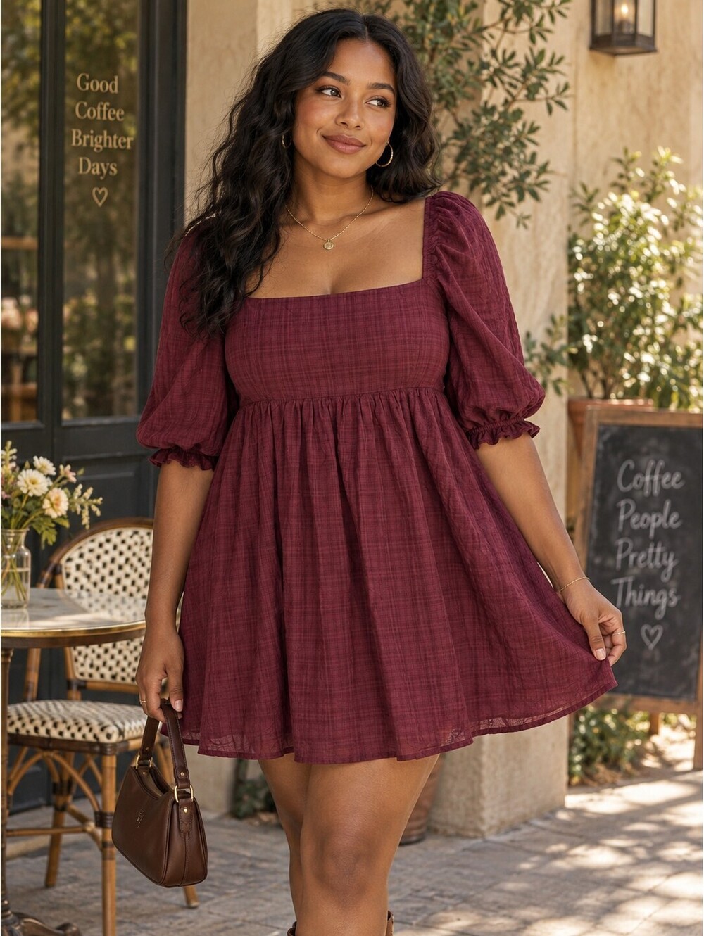 Windsor Puff Sleeve Open Back Babydoll Mini Dress Wine Burgundy Large L NWT